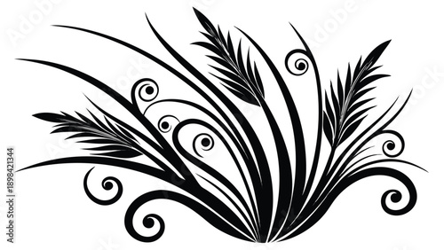 Elegant hand-drawn style vector illustration of flowing black grass blades with decorative swirls, perfect for ornamental designs, natural accents, or sophisticated floral patterns