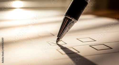 Closeup of pen filling out multiple choice questionnaire form with boxes