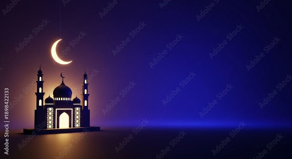 Fototapeta premium Islamic Mosque Silhouette with Crescent Moon Night Scene.