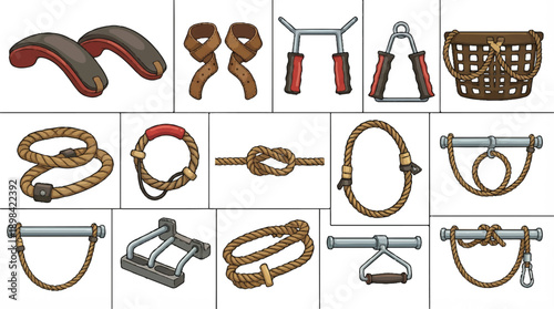 illustration of various horse riding equipment and tools