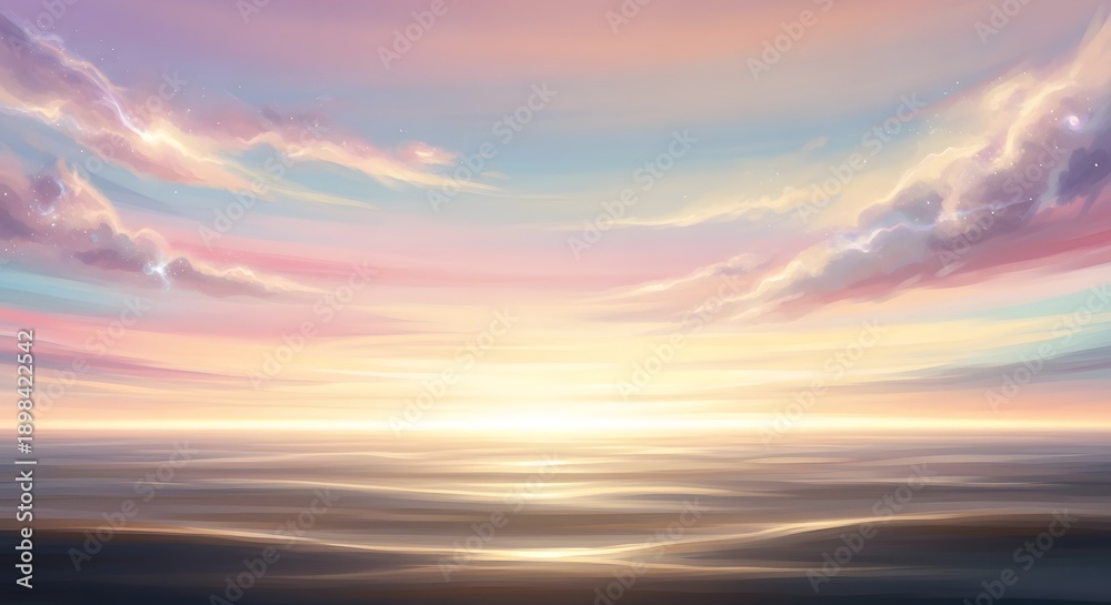 Obraz premium Sunset over ocean painting with soft clouds and pastel skies