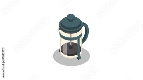 Isometric illustration of a French press coffee maker with dark liquid inside, on a white background and subtle shadow.