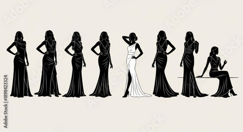 Diverse Women Silhouettes Elegant Evening Gowns Fashion Poses.