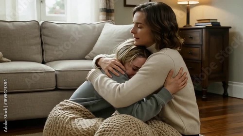 Two women share a heartfelt hug in a warm, cozy living room, conveying deep emotional support and comfort. 