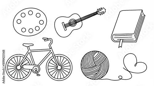 line drawing of various hobby objects including bicycle guitar and yarn
