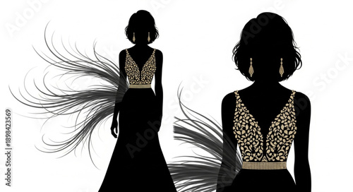 Elegant Black Gown Silhouette with Embellished Bodice and Flowing Train.