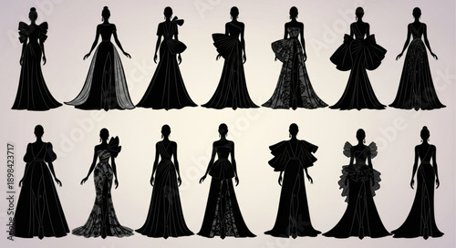 Elegant Black Silhouettes of Women in Ball Gowns.
