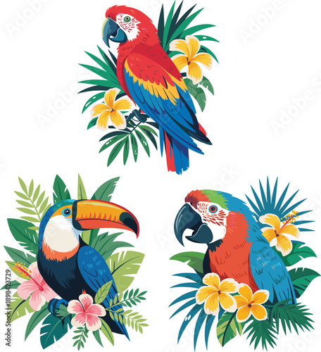 Set of three tropical birds with exotic flowers and leaves, colorful parrot macaw and toucan illustration isolated on white background,