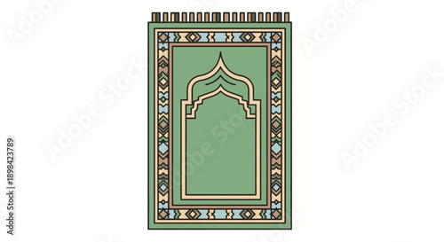 Islamic Prayer Rug with Ornate Design and Green Background.