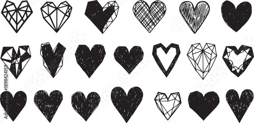 Set of black hand drawn geometric and doodle heart icons isolated on transparent background for vector design