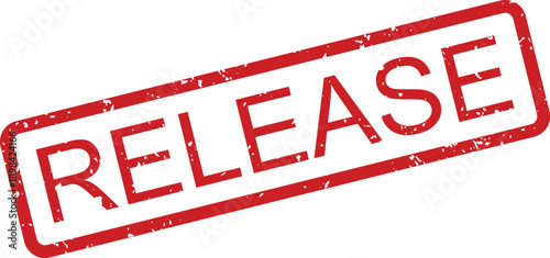 Simple red grunge style rubber stamp with the word RELEASE on a crisp white backdrop