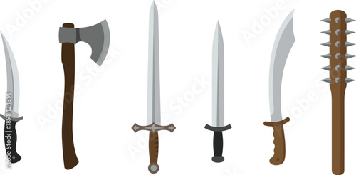 Set of medieval and fantasy weapons including swords, axe, dagger, machete and spiked club, flat design combat equipment vector illustration