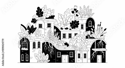 Black and White Illustration of Building with Plants.