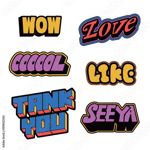 Colorful retro word stickers and badges with nostalgic 90s typography.
