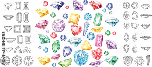 Precious Gemstones and Diamonds Vector Set