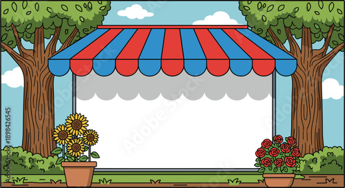 Outdoor market stall with striped awning and blank signboard vector illustration, street shop display design for retail promotion, storefront advertising and business banner projects