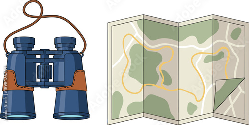 Binoculars and folded map vector illustration for travel navigation and adventure planning, outdoor exploration equipment design for hiking, tourism, camping and discovery projects