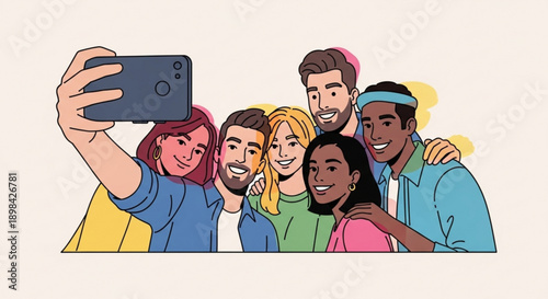 Diverse Friends Taking Selfie Together with Smartphone, Vector Illustration