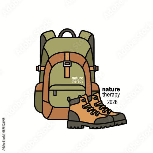 Hiking Backpack and Boot Illustration.