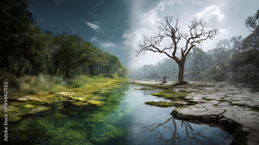 Fototapeta premium A dramatic split landscape showing one half lush green forest with clear water and vibrant life, while the other half is dry cracked earth with withered trees and dusty atmosphere symbolizing