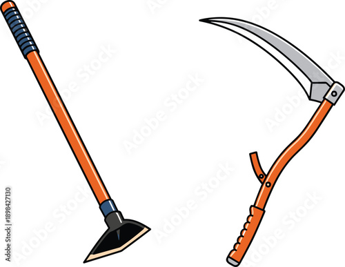 Agricultural hand tools vector illustration set with hoe and sickle, traditional farming and gardening equipment design for cultivation, harvesting and rural work projects