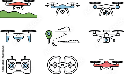 Set of drone icons and symbols including landscape, remote control, and location pin. Modern technology concepts
