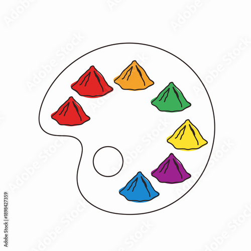 A white artist's palette holds eight small mounds of vibrant powdered pigments in various colors, including red, orange, green, yellow, purple, and blue.