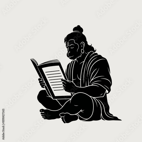 Black silhouette illustration of Hanuman, the Hindu monkey deity, sitting cross-legged and engrossed in reading a sacred text or book.