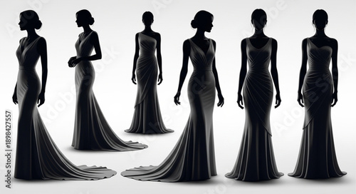 Elegant Evening Gowns Silhouettes Fashion Display.