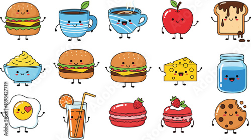 Cute kawaii food character collection vector illustration with burgers, coffee, desserts, fruits and drinks, smiling cartoon mascots for kids, stickers, branding and social media design