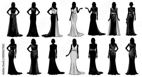 Elegant Evening Gown Silhouettes Collection Fashion Design.
