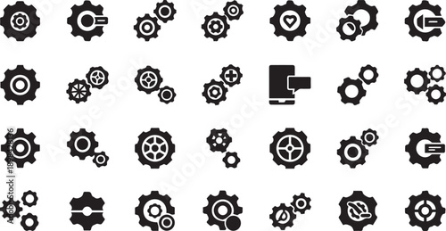 Set of Industrial Gear Icons and Settings Silhouettes Featuring Diverse Mechanical Cogwheels Engineering Symbols and Modern Technical UI Elements