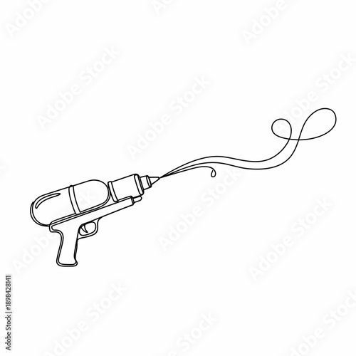 Continuous line drawing of a water gun shooting a stream of water, symbolizing summer fun and playful childhood activities.