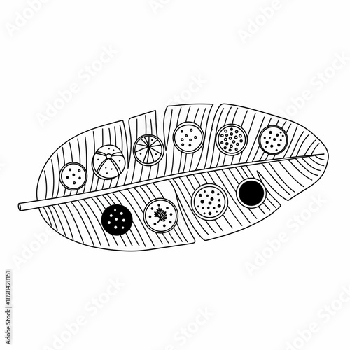 Line art illustration of traditional South Indian or Southeast Asian meal served on a banana leaf with multiple small dishes.
