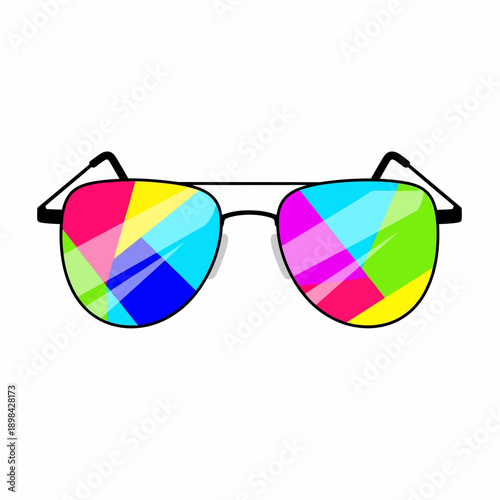 Colorful aviator sunglasses with vibrant geometric lenses on a white background.