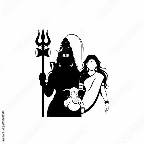 Black and white silhouette illustration of Hindu deities Lord Shiva, Goddess Parvati, and Lord Ganesha, representing the divine family.
