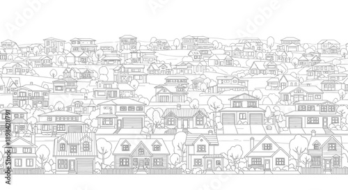 Suburban neighborhood scene displays many houses on rolling hills.