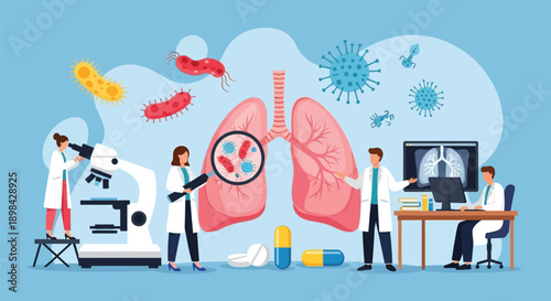 Scientists study bacteria and viruses around lungs. One uses a microscope, others examine digital lung images. Pills and bacteria are visible.