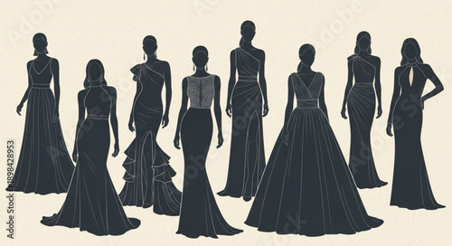 Elegant Evening Gowns Silhouette Collection Fashion Design.