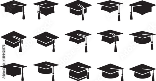 Set of Graduation Cap Icons Featuring Diverse Black Silhouette Mortarboard Styles and Academic Achievement Symbols for Education Design