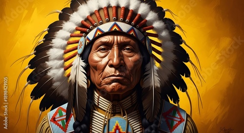 Native american man wearing a traditional feathered headdress on yellow background