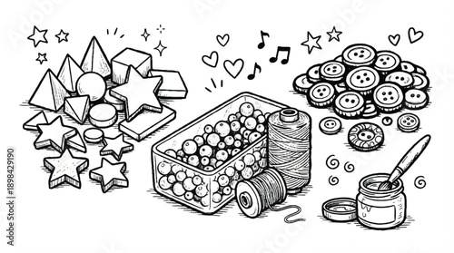sewing and craft supplies with buttons beads and stars