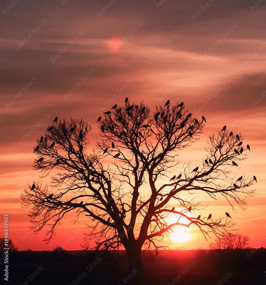 Naklejka premium Birds Silhouette on Tree Branch Against Dramatic Sunset Sky