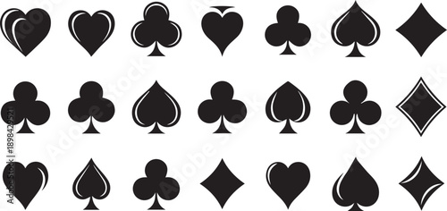 Set of Professional Playing Card Suit Icons Featuring Glossy Hearts Clubs Spades and Diamond Silhouettes for Casino and Gaming Design