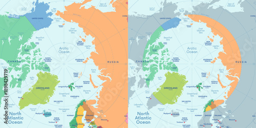 The Arctic Ocean region, Geographic position of the North Pole of the Earth, Colored political map with countries and capitals included in the Arctic Circle, Vector map with latitudes and longitudes