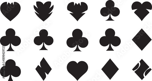 Set of Minimalist Playing Card Suit Icons and Abstract Geometric Silhouettes Featuring Diverse Hearts Clubs and Diamond Symbols