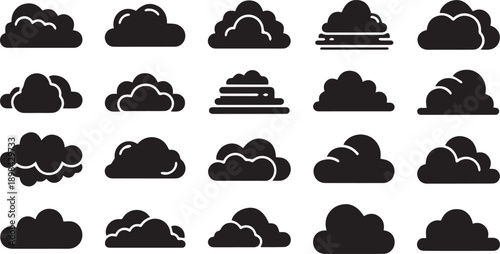 Set of Minimalist Cloud Silhouettes and Atmospheric Weather Icons Featuring Diverse Overcast Sky and Meteorological Symbols