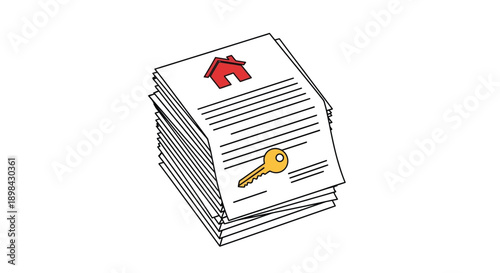 The stack of legal documents features house and key icons.