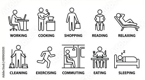 stick figure icons of daily activities on white background