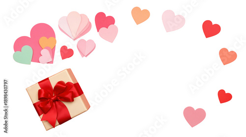 Gift box with red bow and hearts on black background isolated on transparent background, illustration